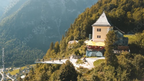 Bird’s-eye view of Hallstatt, nestled between the lake and majestic alpine mountains