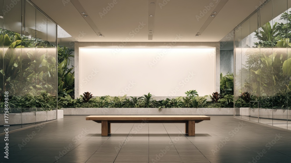 Fototapeta premium Modern interior with indoor plants, bench, and blank wall, perfect for product presentation or advertising mockups