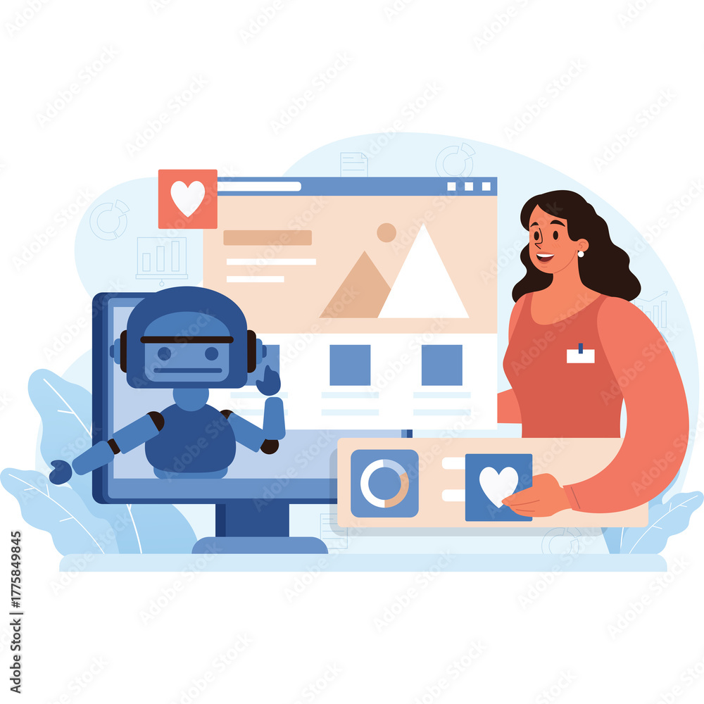 Obraz premium Smiling Woman Collaborating With A Blue Robot On A Computer Screen Displaying Website Content With Graphs And Social Media Icons Against A Transparent Background