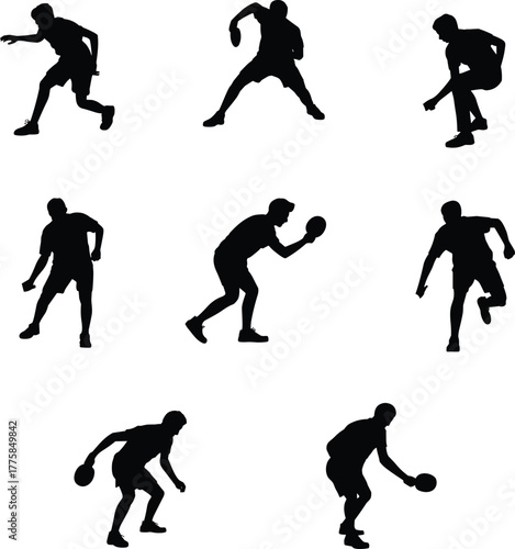Basketball silhouettes, athletic movement, dynamic poses, sports illustration, ball control, dribbling action, minimal design, black figures, vector art, competitive energy