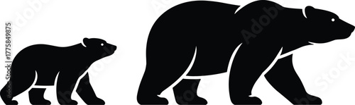 Bear silhouette, wildlife illustration, walking bears, black animal shapes, nature concept, parental guidance, cub and adult, minimalist vector art