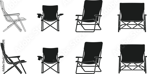 Folding camping chairs collection, outdoor portable seating, metal frame, fabric seat, armrest design, front side view, travel gear