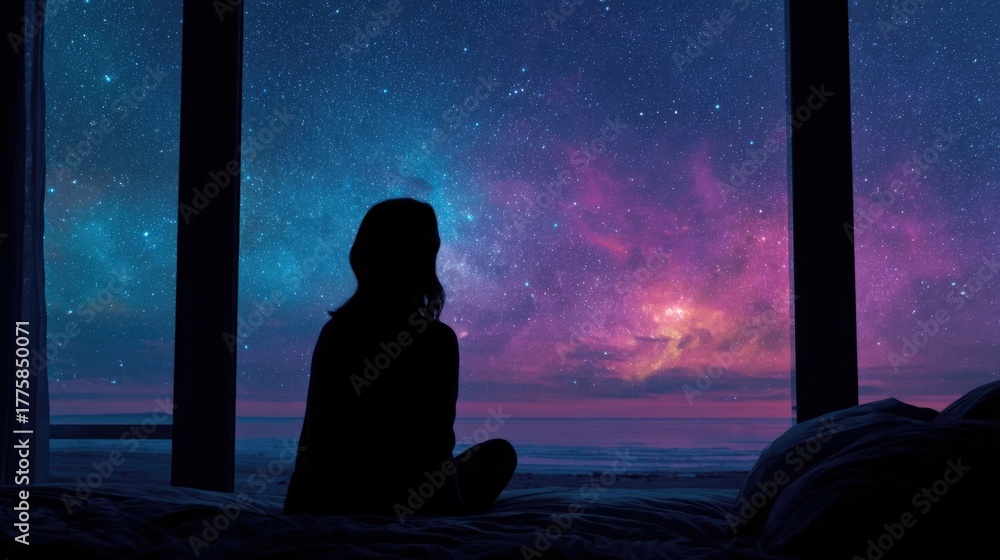 Fototapeta premium Silhouette Woman Gazing at Milky Way Galaxy Through Window, Dreamy Night Sky Scene