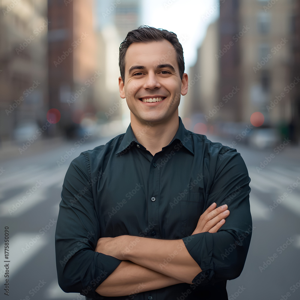 Obraz premium Confident young man standing on a busy urban street with arms crossed, smiling and looking at camera, representing positivity, professionalism, success, and modern lifestyle in city environment