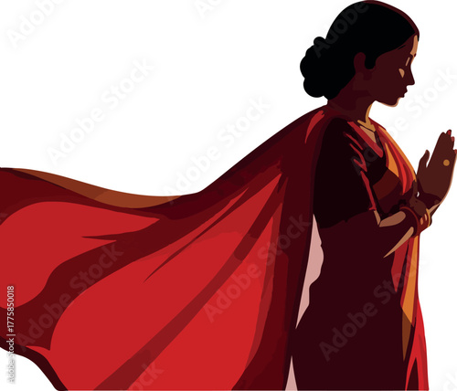 Indian Woman Praying Red Saree Warm Sunlight Silhouette Minimal Illustration