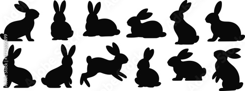 Black rabbit silhouettes, bunny animal shapes, wildlife vector art, hare poses collection, pet illustration, leaping, sitting, crouching, minimalist design, Easter theme