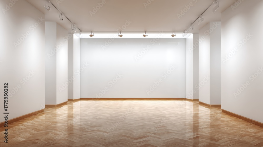 Obraz premium Empty Gallery Interior with White Walls and Polished Wood Flooring, Ideal for Art Exhibits and Mockups