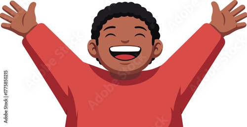 Joyful Black Boy Cheerful Arms Up Red Sweater Isolated Simple Flat Design