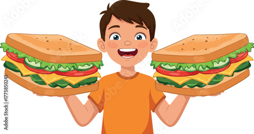 Joyful Boy Holds Two Big Sandwiches Bright Orange Shirt Isolated