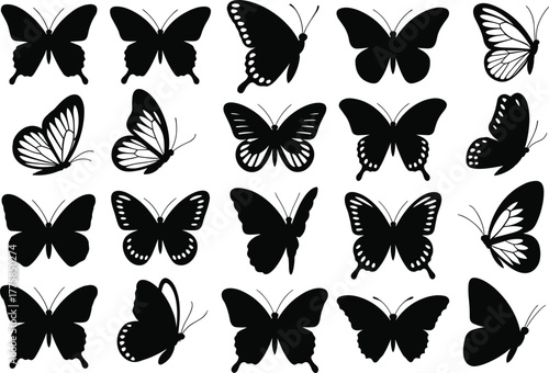Butterfly silhouette collection, black insect icons, minimalist wing shapes, vector butterfly set, nature graphic, flying bugs, entomology art, decorative design