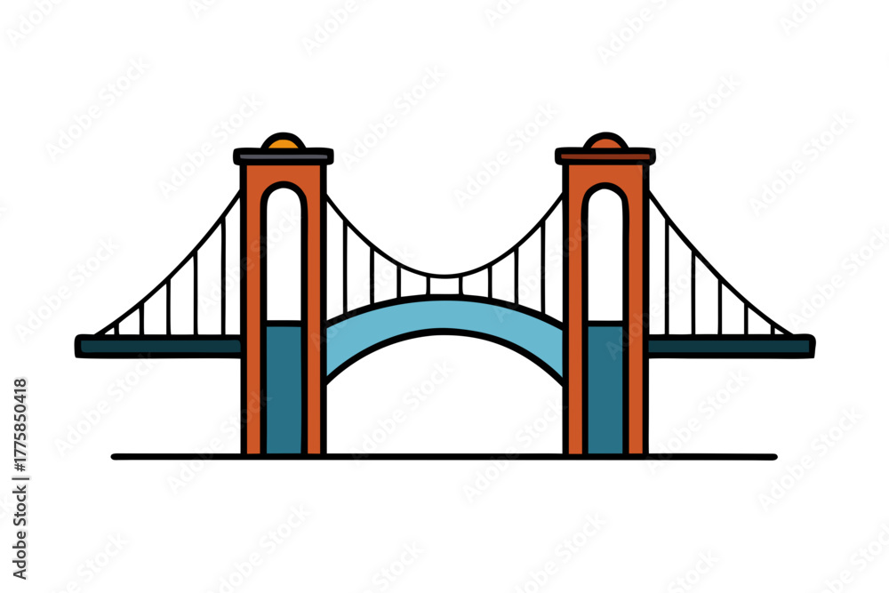 Fototapeta premium Modern suspension bridge with blue arch and orange towers vector design