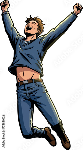 Joyful Man In Blue Jeans Jumps With Arms Raised Celebration