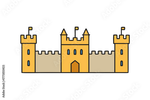 Medieval castle fortress icon with towers battlements and central gate in flat