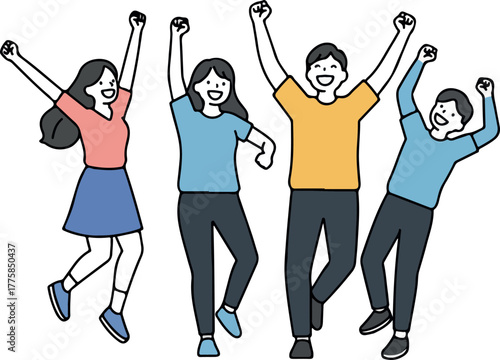 Joyful People Cheering Excitedly With Arms Raised Blue Orange Outfits