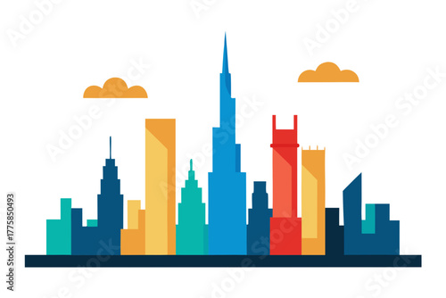 Flat vector illustration of modern city skyline with tall buildings
