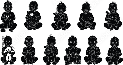Baby silhouettes, sitting babies, holding toys, stuffed animals, cute infants, toddler clipart, black vector, nursery design, playful children, isolated icons