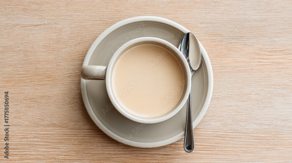 Obraz premium Overhead Shot of Creamy Coffee or Tea in a Cup on Wood Table