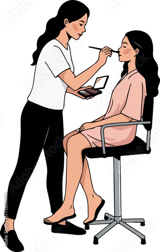Makeup Artist Applying Blush To A Woman Sitting On Chair Flat Design