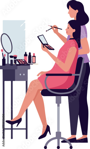 Makeup Artist Applying Cosmetic Makeup to Woman in Pink Dress