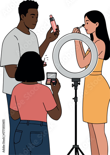 Makeup Artist Applying Cosmetics To Model With Ring Light