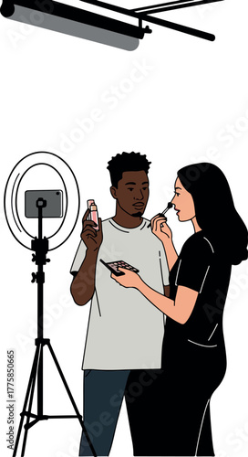 Makeup Artist Applying Lipstick To Man With Ring Light
