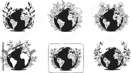 Floral globe silhouette collection, earth and flower vector illustration, eco planet design, botanical world art for nature conservation, environment