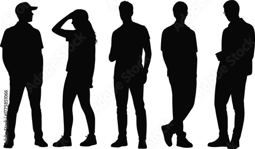 Casual silhouettes of diverse people standing in various relaxed poses, modern streetwear fashion, sneakers, body language, urban lifestyle, contemporary youth culture