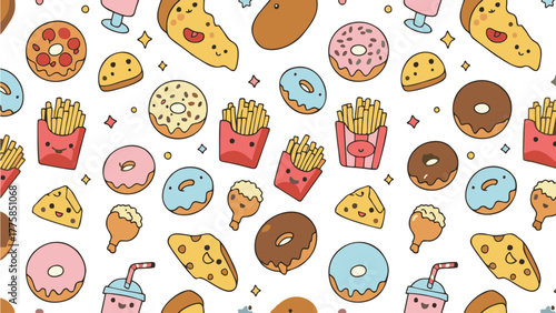 Playful seamless pattern featuring cute, kawaii-style fast food icons like donuts, pizza, fries, and chicken.  Ideal for backgrounds, textiles, or children's designs, this cheerful design brings a fun