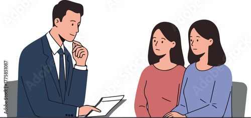 Man in Blue Suit Confers With Two Women Red and Blue Shirts