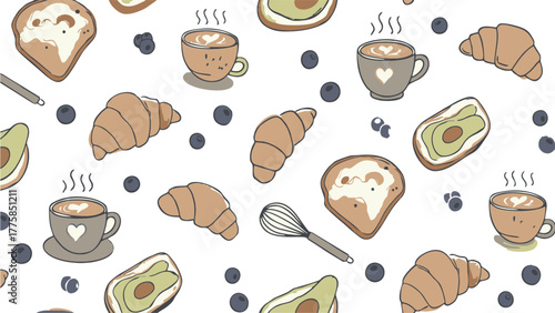 This illustration features a repeating pattern of breakfast items such as coffee cups, toast, croissants, avocados, and blueberries. Perfect for backgrounds, wallpaper, textiles, or any design project