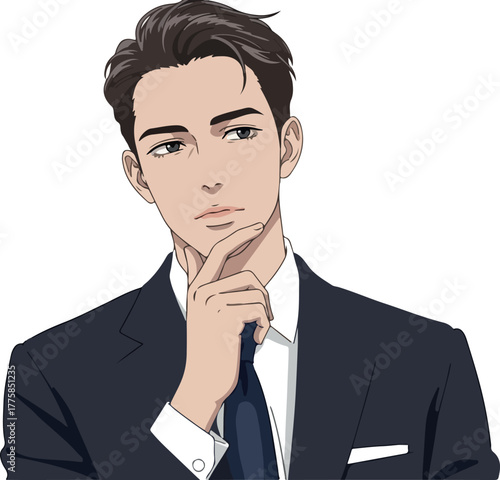 Man In Dark Blue Suit Thinking Isolated White Background