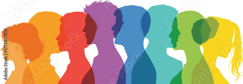 Colorful diverse human silhouettes, multicultural profiles, inclusion and unity concept, vibrant artistic design, equality representation, diversity illustration, 