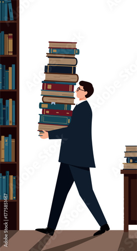 Man In Suit Carrying Stack Of Books Next To Bookshelf
