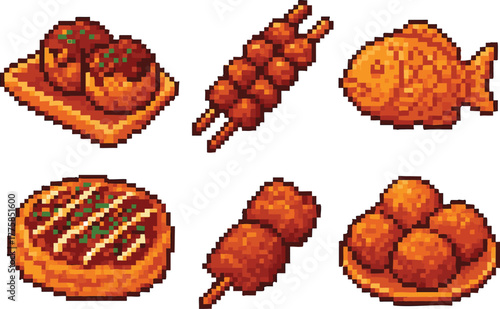 A collection of six pixel art illustrations of various Japanese street foods, including takoyaki, yakitori, and taiyaki.