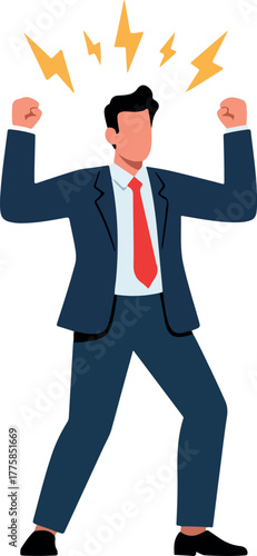 Man In Suit With Red Tie Showing Anger And Frustration With Lightning Strikes