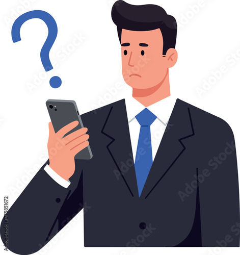 Man in Suit With Phone Looking Confused Under Question Mark Flat Design Vector