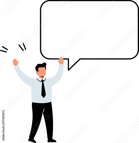 Man in White Shirt and Tie Holds Speech Bubble Over Head
