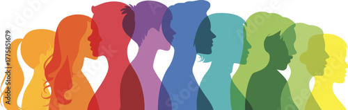 Diversity silhouettes in rainbow colors, inclusive human profiles, unity and equality concept, multicultural community, LGBTQ pride, social harmony illustration design