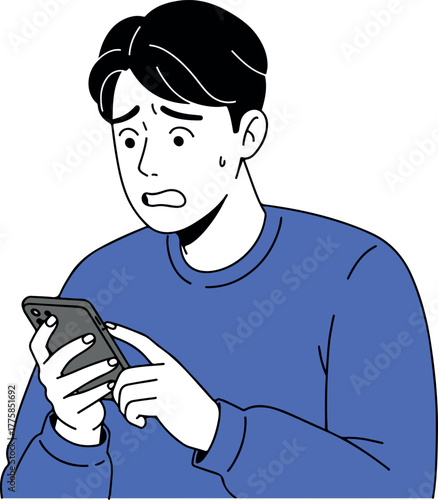 Man Looking Shocked At Smartphone Screen Blue Sweater Isolated