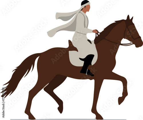 Man Riding Brown Horse White Outfit Traditional Headwear Desert Style