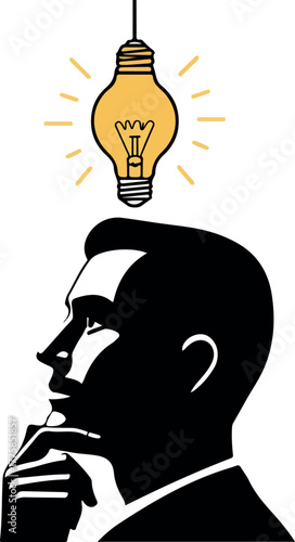 Man Silhouette Thinking Under Glowing Idea Light Bulb Yellow Orange