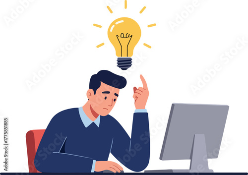 Man Sitting at Computer Desk With Bright Idea Light Bulb Above Head