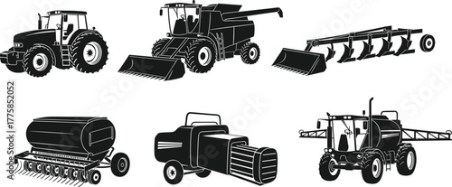Farm machinery silhouettes, tractor, harvester, plow, seeder, sprayer, baler, agricultural equipment vector illustration, modern farming technology, rural agriculture tools