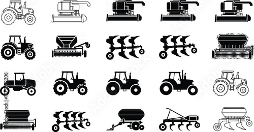 Farm machinery icons collection, tractor, plow, harvester, seeder, agricultural equipment silhouettes, black and white vector illustration, farming industry tools