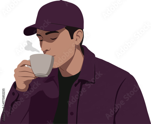 Man Wearing Baseball Cap Drinking Hot Coffee Cup Close Up Minimalist Illustration