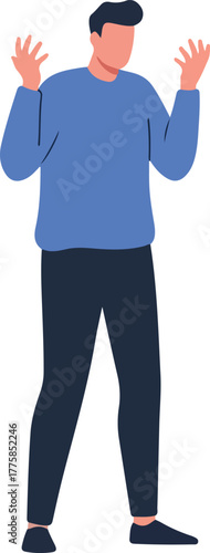 Man With Blue Sweater And Dark Pants Showing Confusion With Hands Up