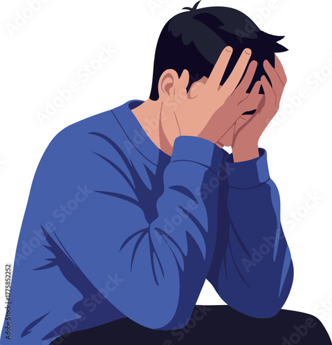 Man With Blue Sweater Covers Face In Sadness Flat Design