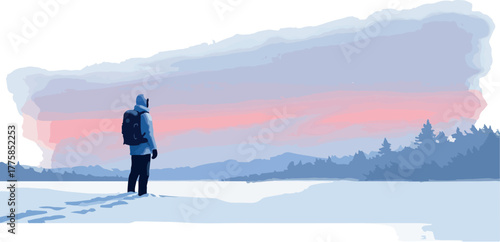 Man With Backpack In Snow At Sunrise Minimalist Winter Landscape