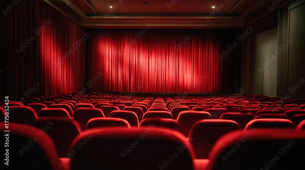 Fototapeta premium Empty Theater with Red Velvet Seats and Curtains, Ready for a Show or Performance