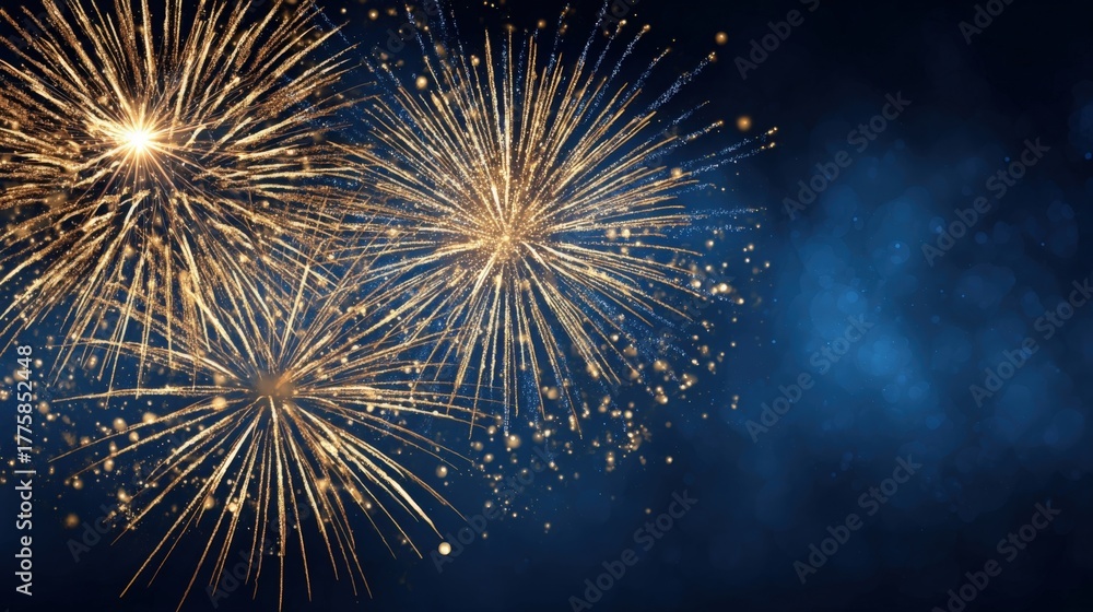 Fototapeta premium Golden Fireworks Bursting on a Deep Blue Background, Celebrating Festive Occasions with Bright Illumination